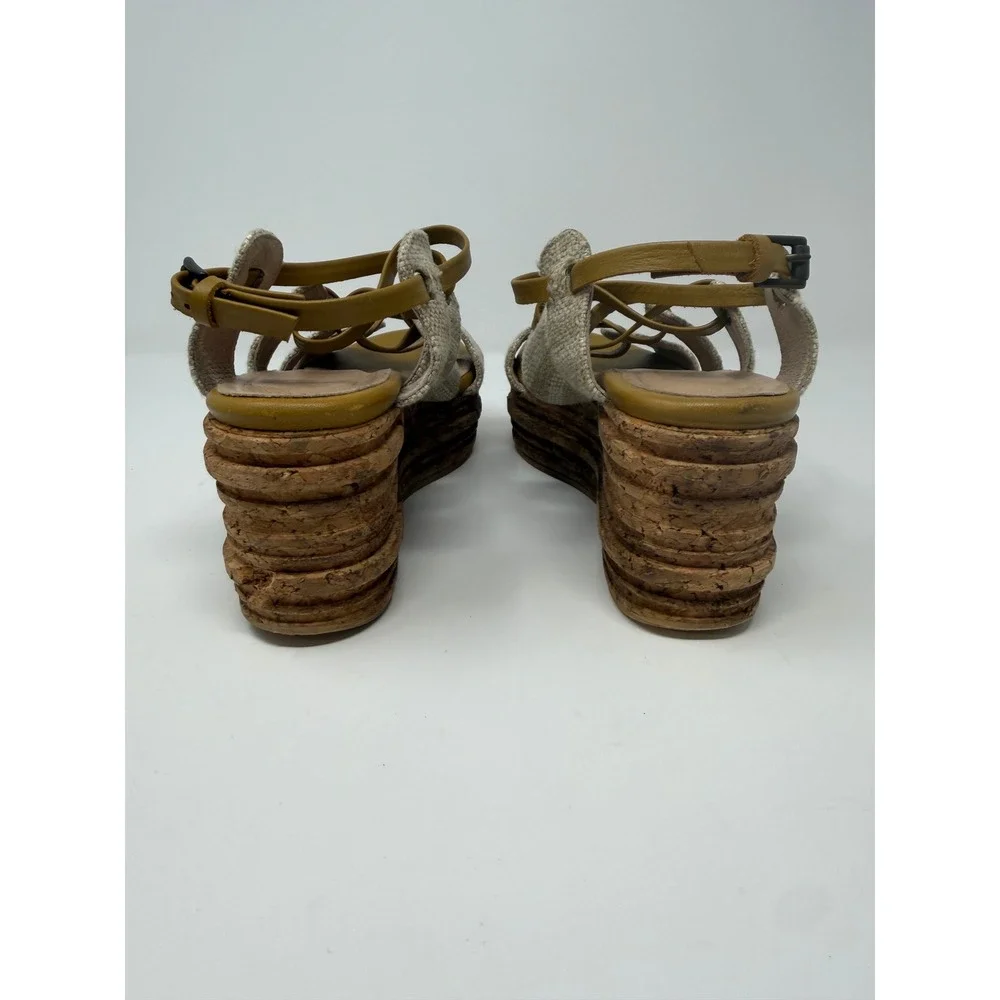 Free People Mustard Yellow Leather Cork Platform Wedge Sandals Made in Spain 6.5